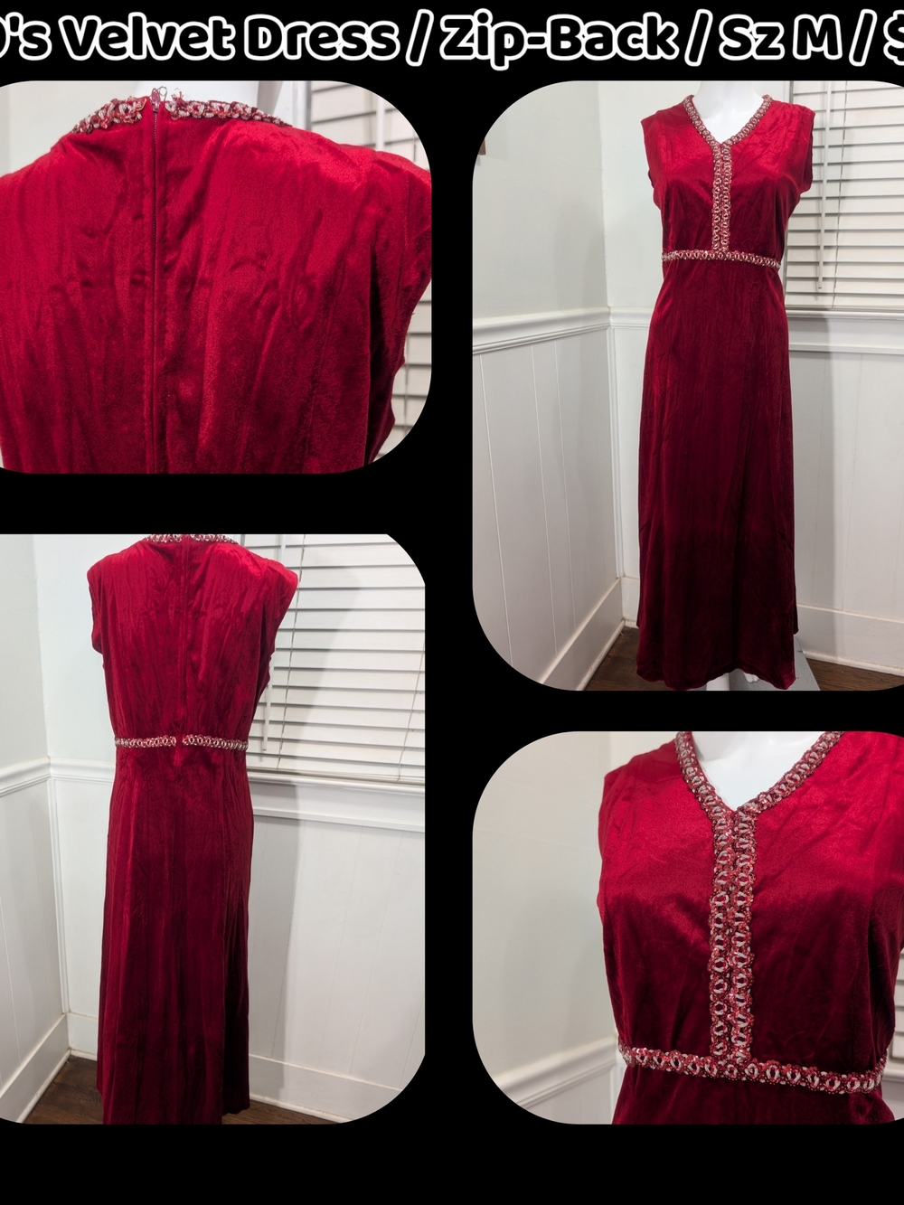 Velvet Red Maxi Dress with Sequin Decorative Trim